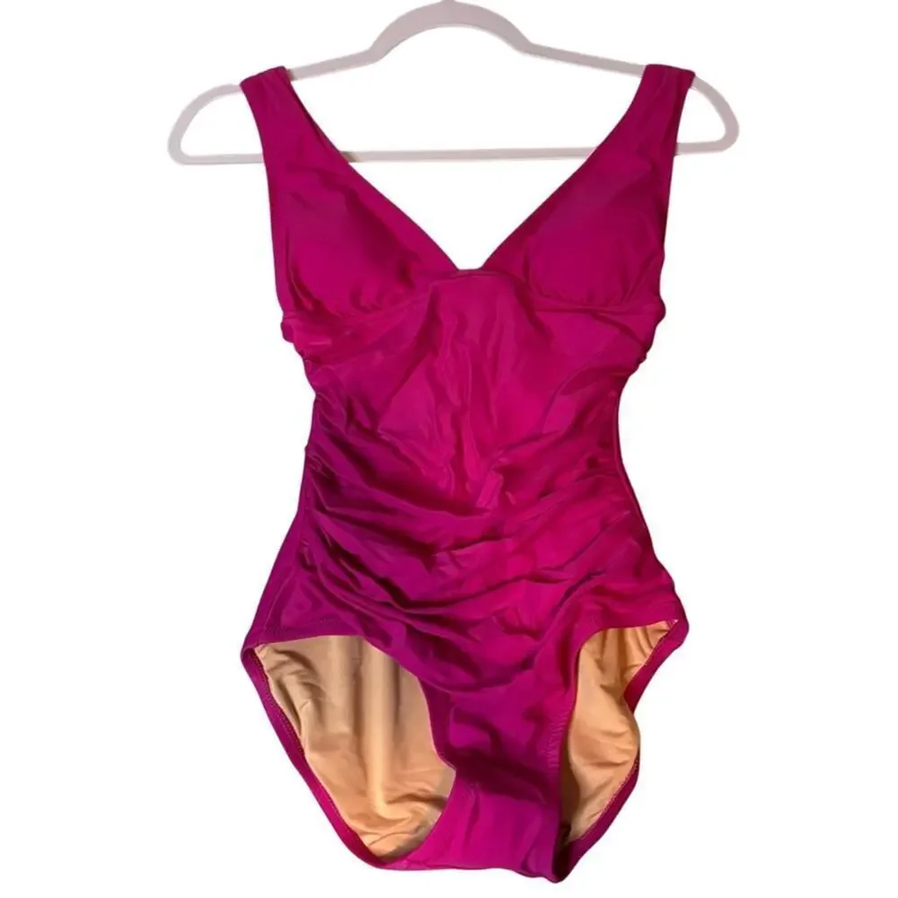 J.Crew Ruched V-Neck One Piece Swimsuit Radiant Fuchsia Pink UPF 50 NWT Size 0
